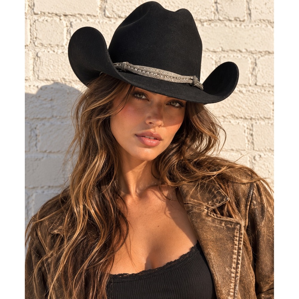 Bullhide Black Wool Felt Cowboy Hat Silver Mesh Rhinestone Band Size 6 3/4 8X